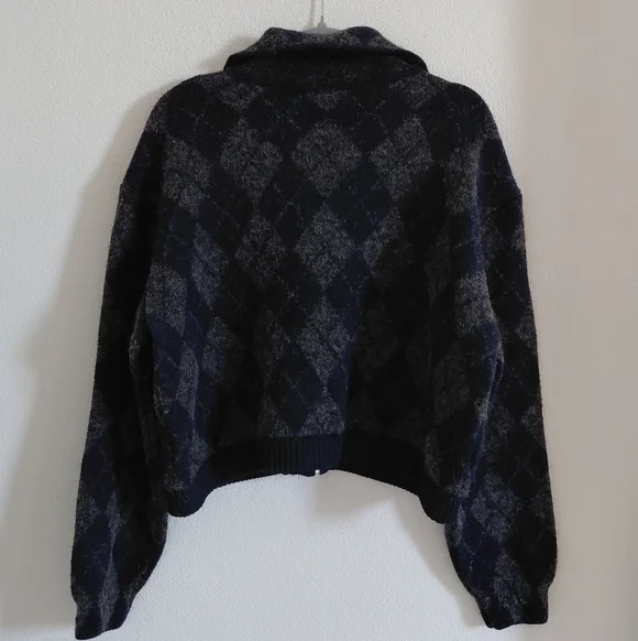 ZARA ARGYLE KNIT BOMBER JACKET - Picture 11 of 13
